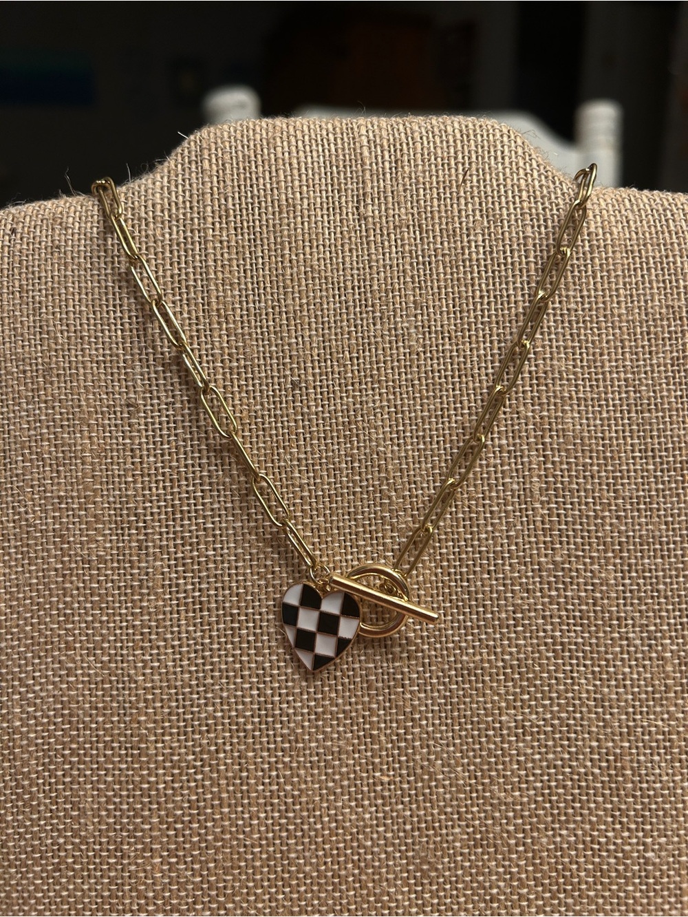 Paperclip Necklace with Black & White Checkered Heart Pendant